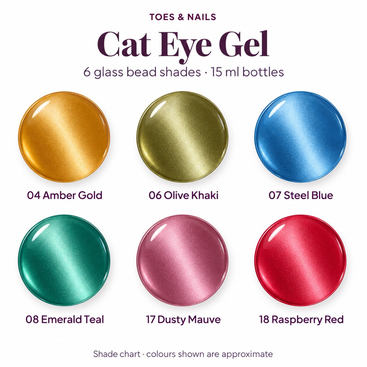 Cat eye gel polish shade chart: 6 glass bead shades in 15 ml bottles