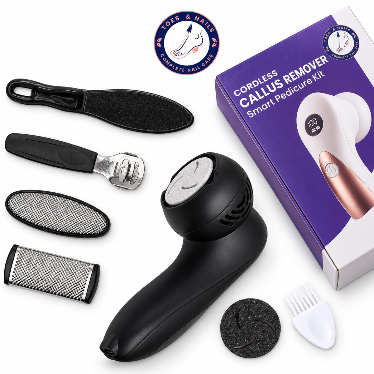 Cordless electric callus remover with its smart pedicure kit box and foot care tools