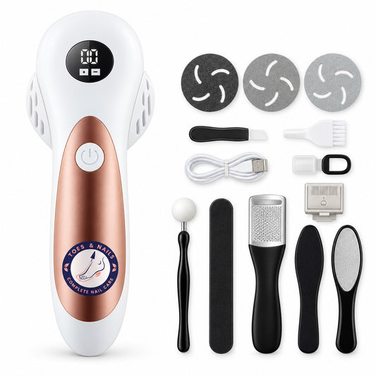 White rechargeable electric callus remover with LED display, shown with roller heads and foot care tools