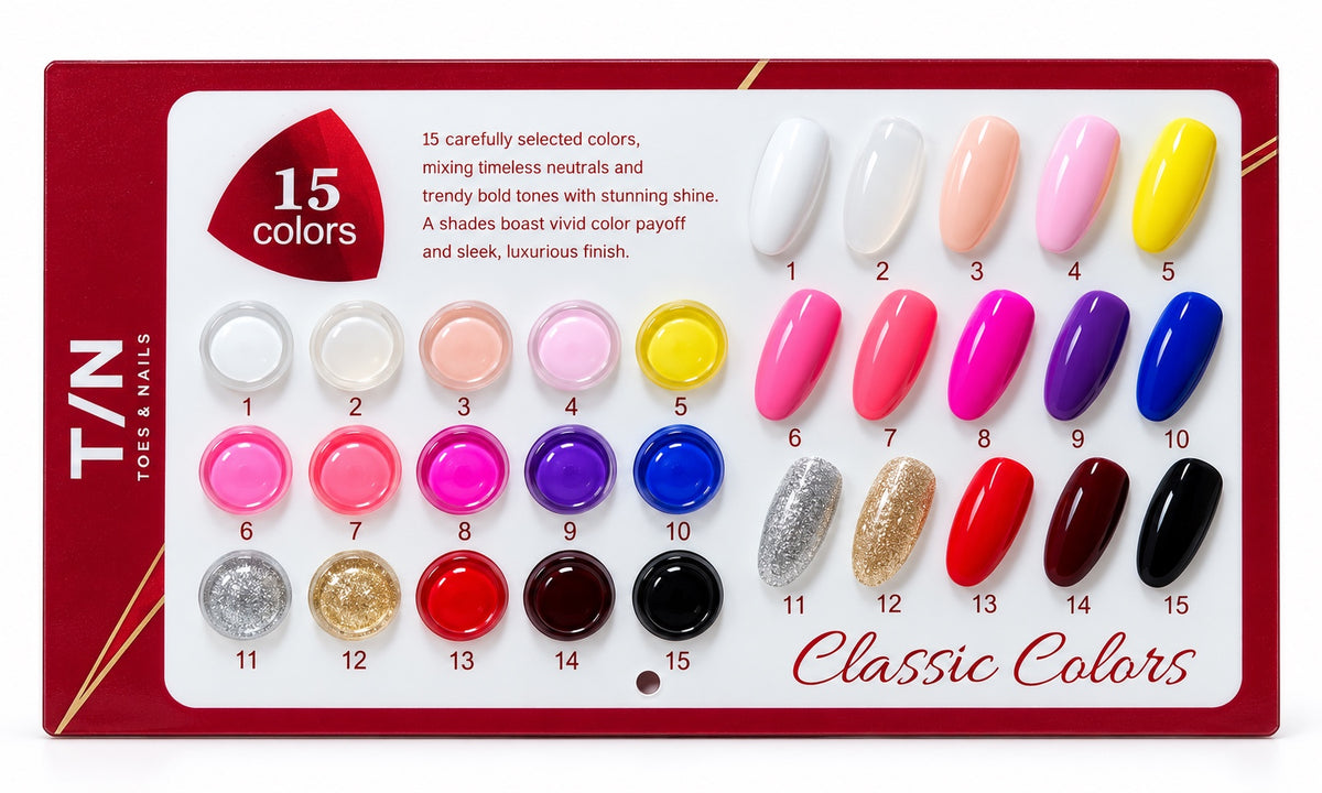 Gel polish color chart: 15 classic colors numbered 1 to 15