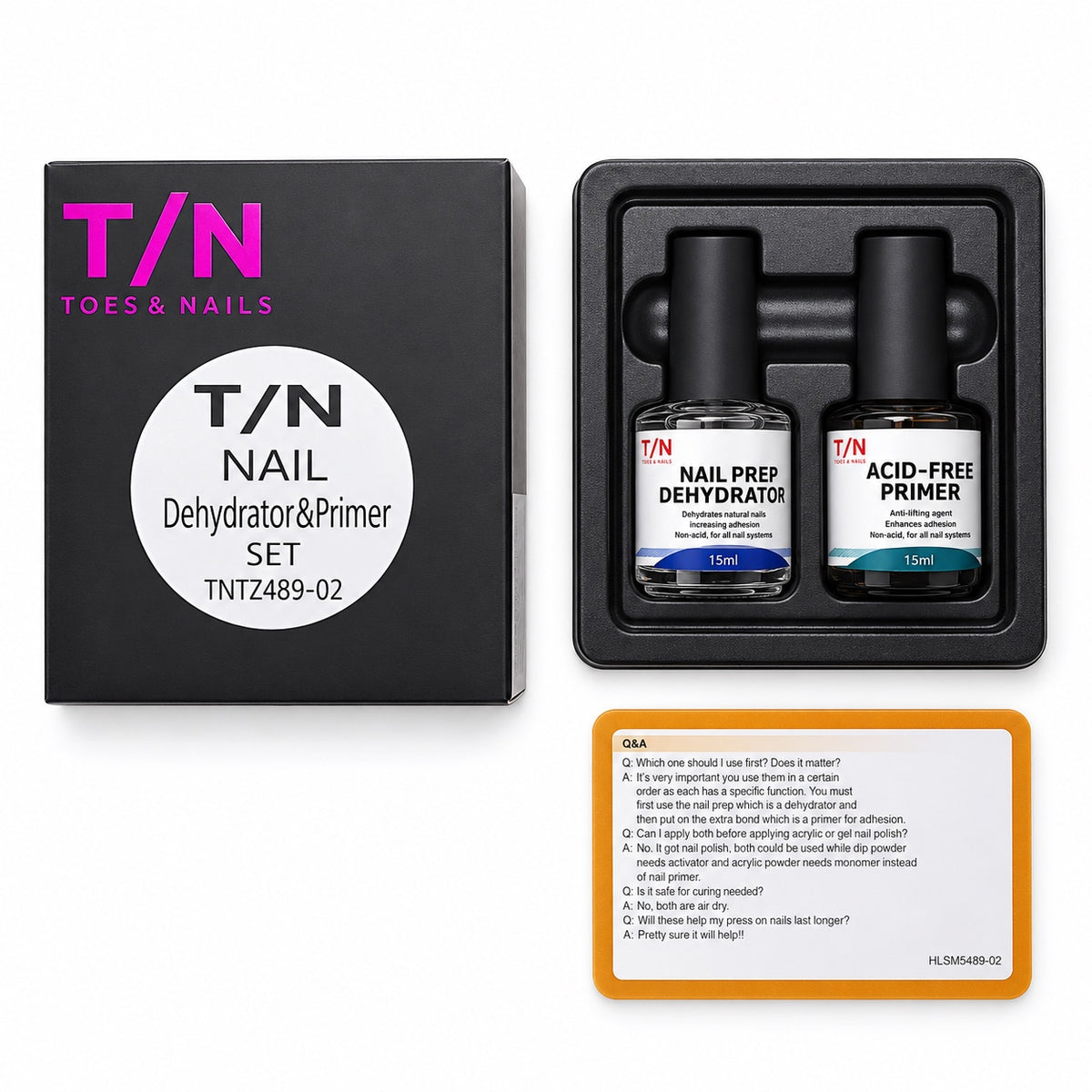 Nail dehydrator and primer set in its box with a Q&A instruction card