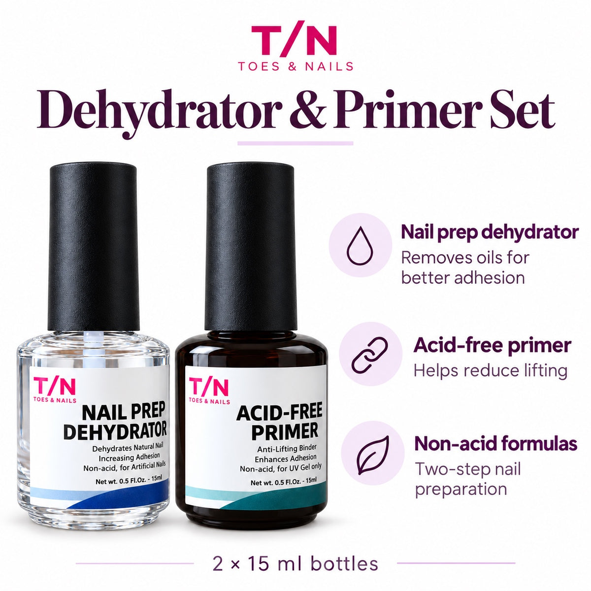 Dehydrator and primer set features: nail prep dehydrator, acid-free primer, 2 × 15 ml bottles