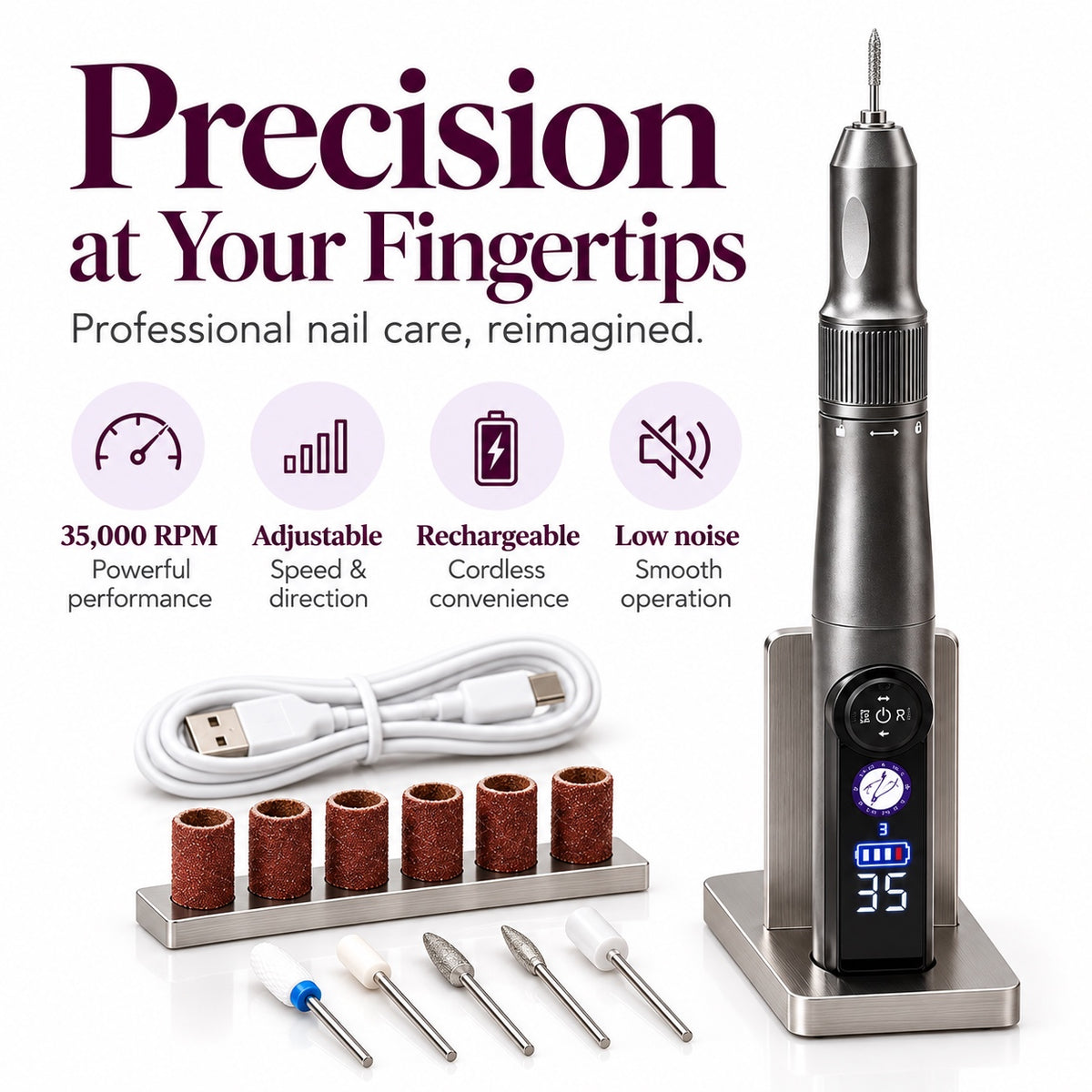 Gray NailPro Duo cordless nail drill on its stand with drill bits, sanding bands and USB cable