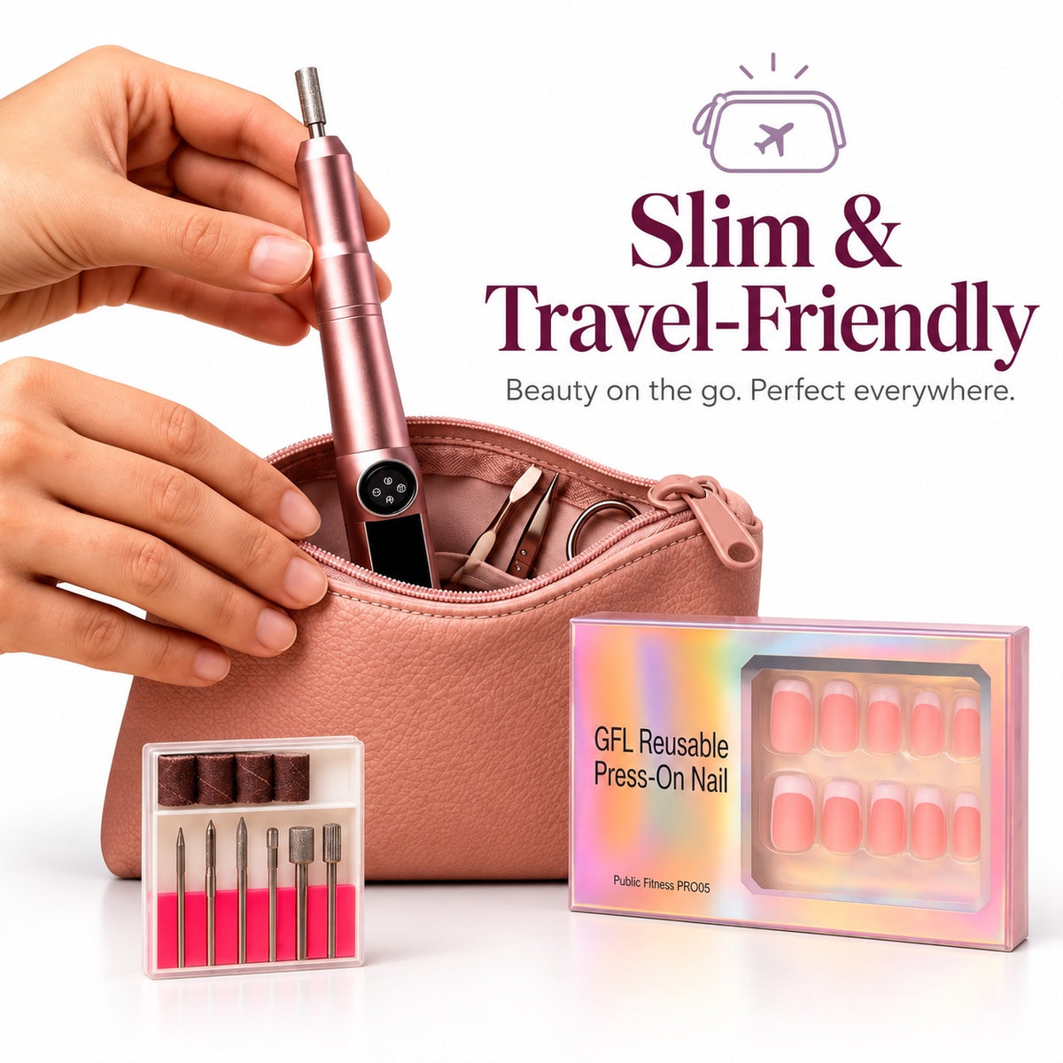 Slim, travel-friendly NailPro Duo nail drill packed in a makeup bag with drill bits