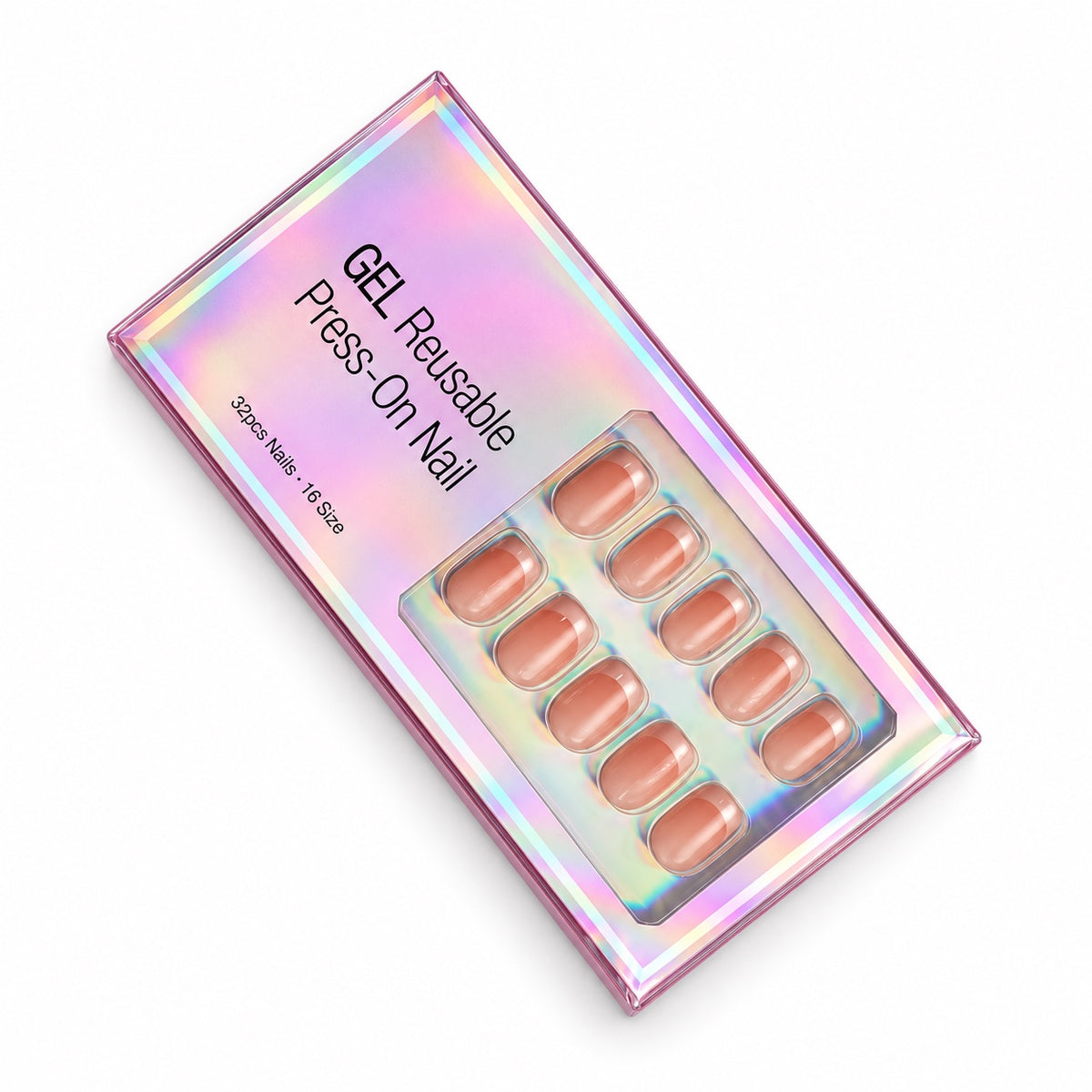 Reusable French tip gel press-on nails in their holographic box, 32 nails in 16 sizes
