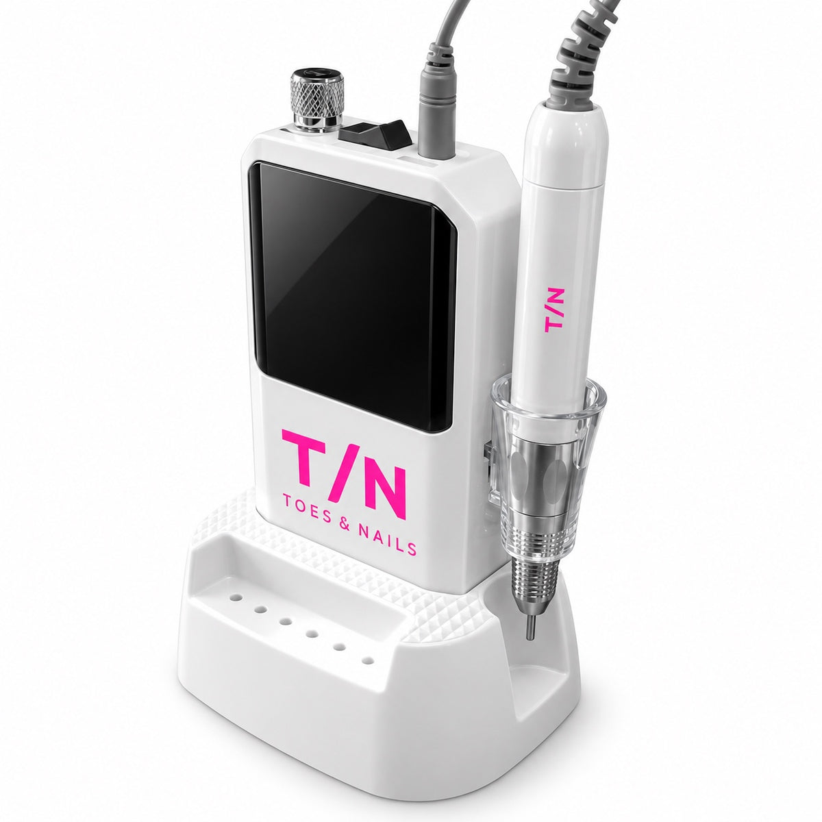 RN-813V cordless nail drill in pearl white on its desktop stand with handpiece holder