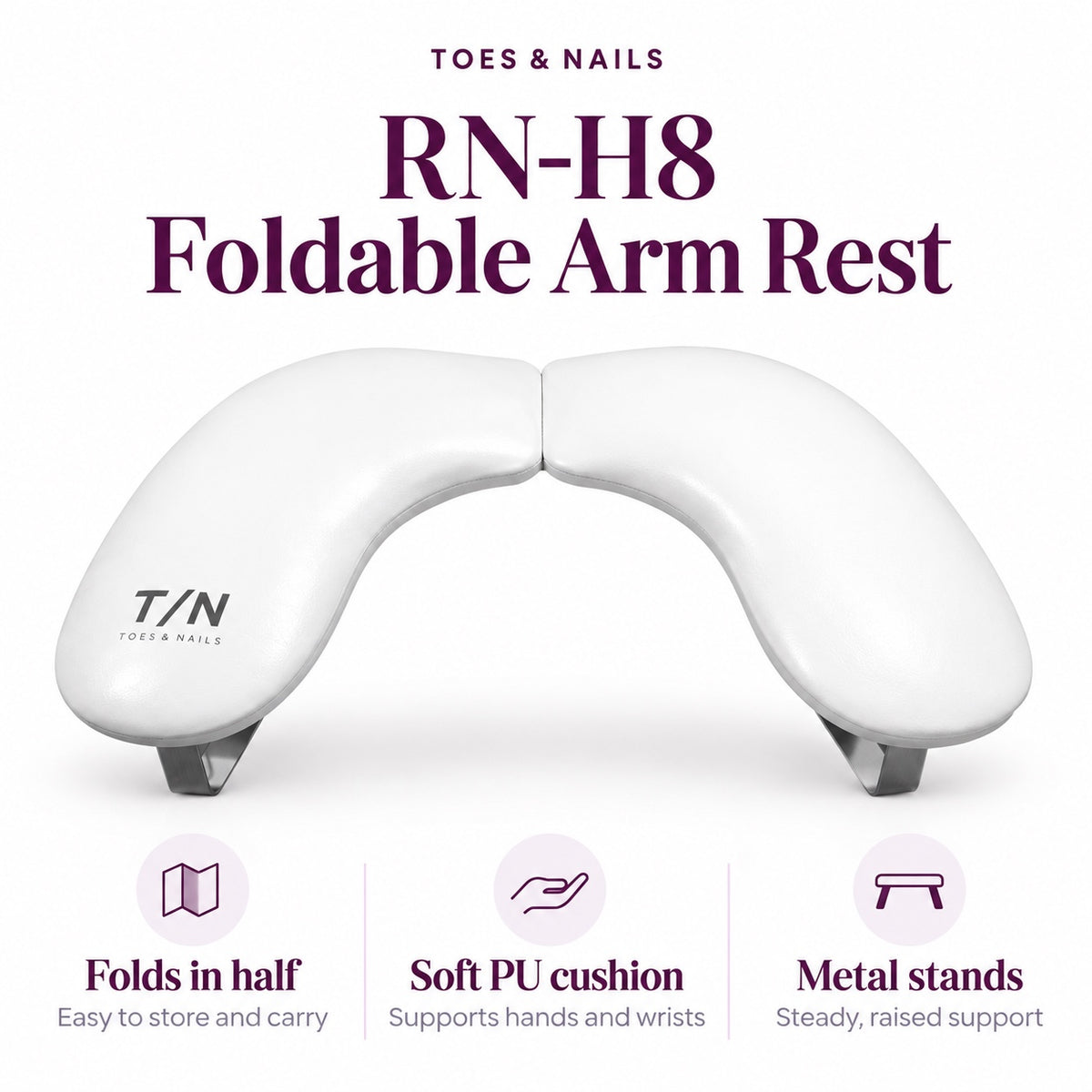 RN-H8 foldable arm rest features: folds in half, soft PU cushion and metal stands