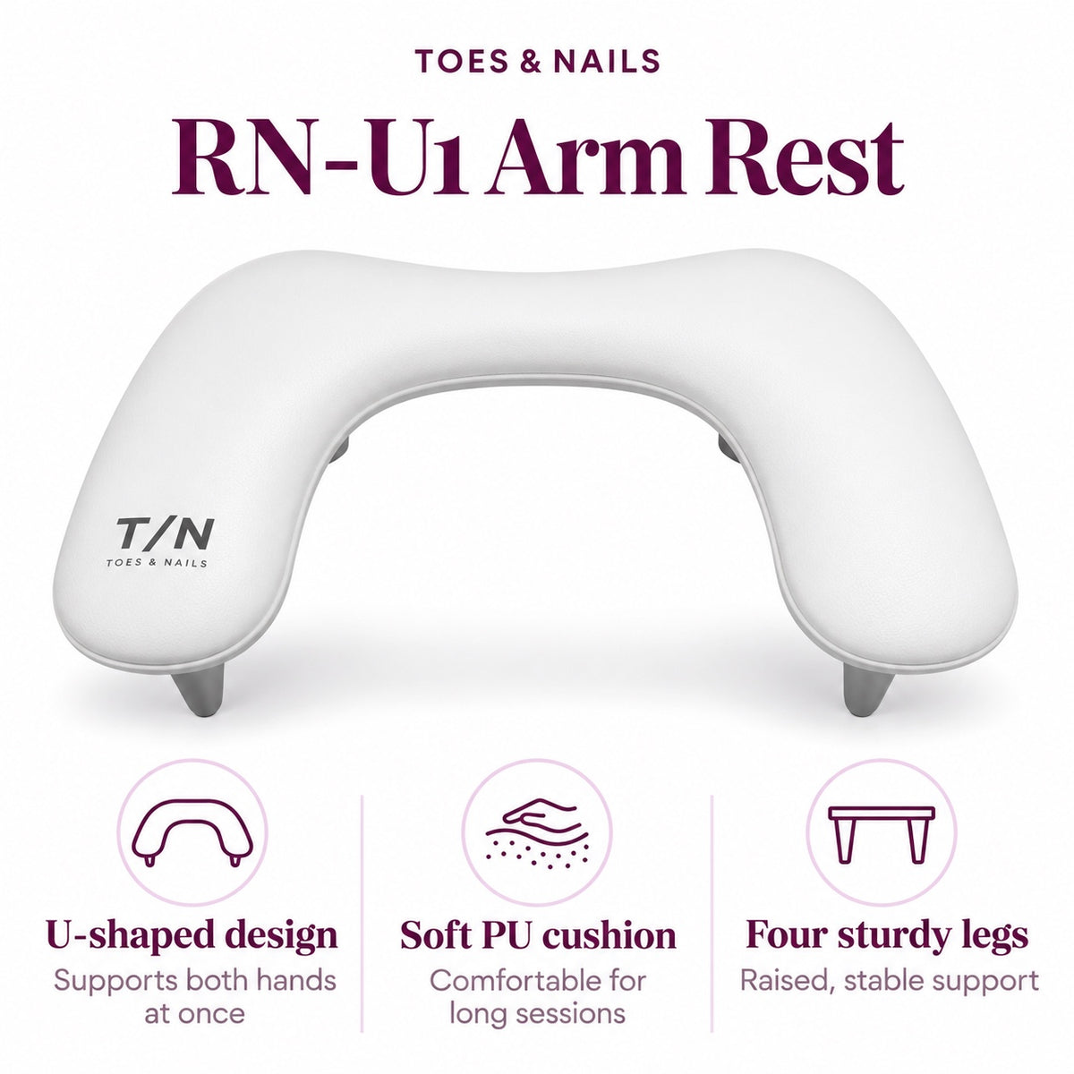 RN-U1 nail arm rest features: U-shaped design, soft PU cushion and four sturdy legs