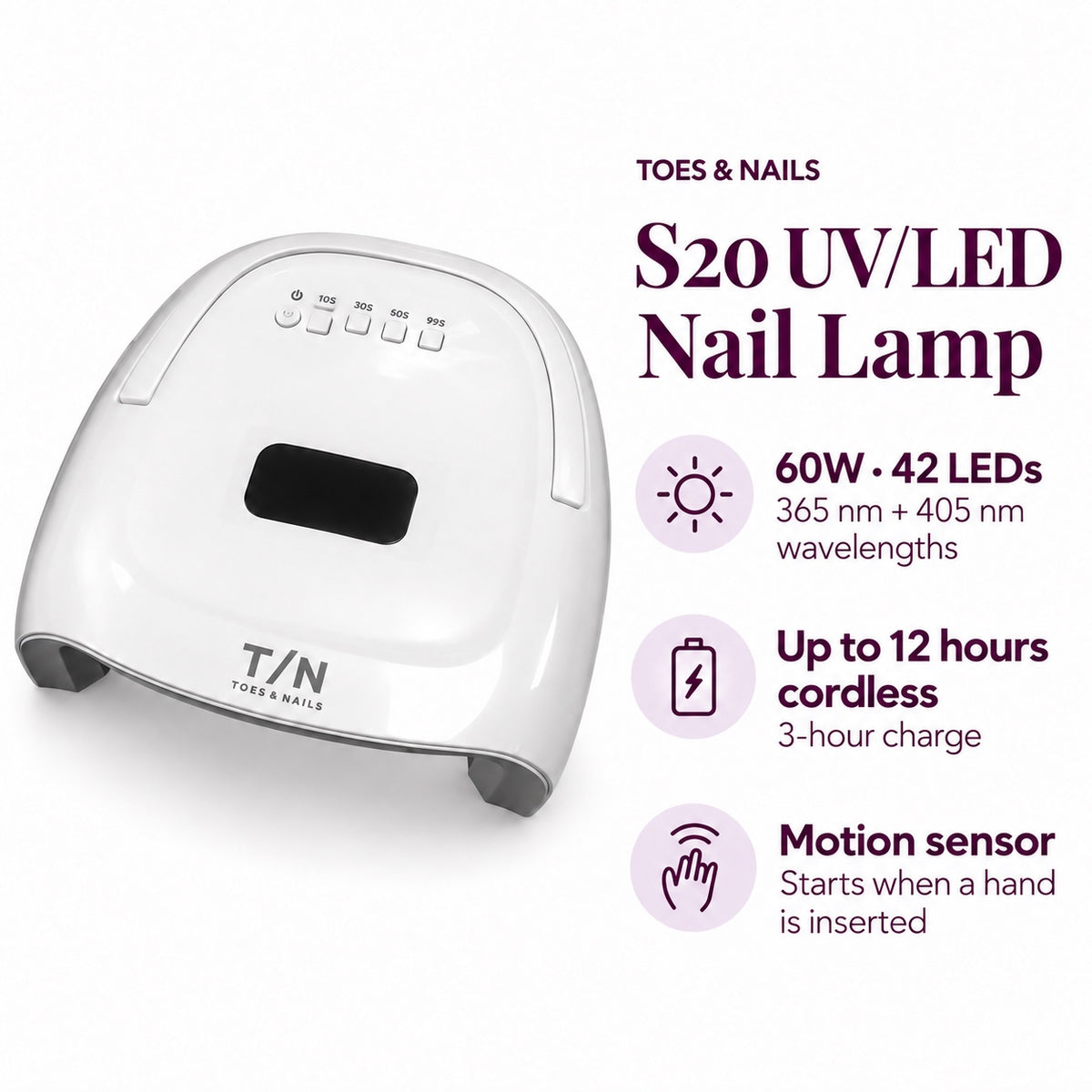 S20 UV/LED nail lamp features: 60W, 42 LEDs, 365 + 405 nm, up to 12 hours cordless and motion sensor