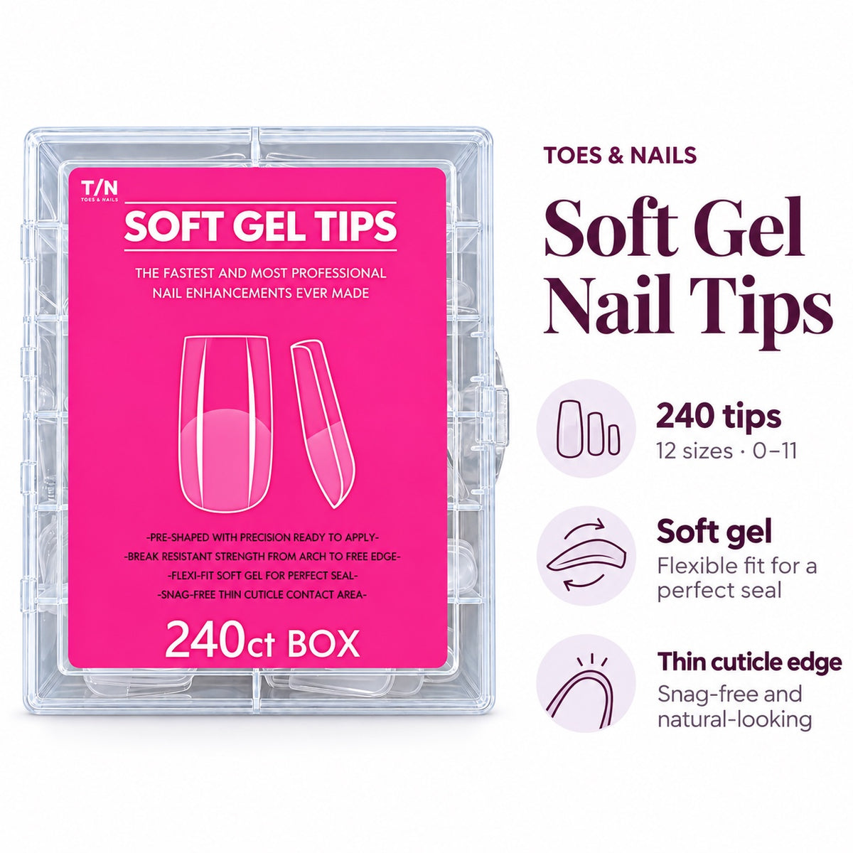Soft gel nail tips features: 240 tips in 12 sizes (0–11), flexible soft gel and thin cuticle edge