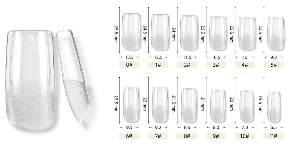 Soft gel nail tips size chart, sizes 0# to 11# with widths and lengths in mm